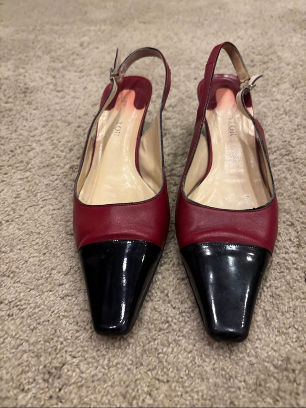 Ann Taylor Two-Tone Red Leather Slingback Pumps with Black Patent Toe